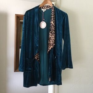 Teal Velvet Open Front Cardigan with Leopard Trim - Teal New
